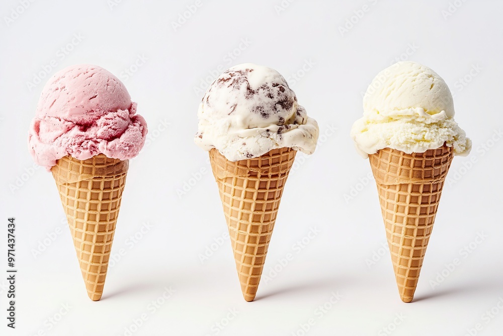 Ice cream cones with various flavors isolated on background Ice cream cones with various flavors isolated on background
