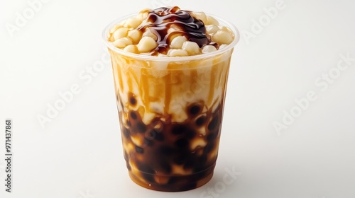 A high-angle shot of a cup of freshly made brown sugar bubble tea, the caramel swirls and tapioca pearls standing out against a simple white background.