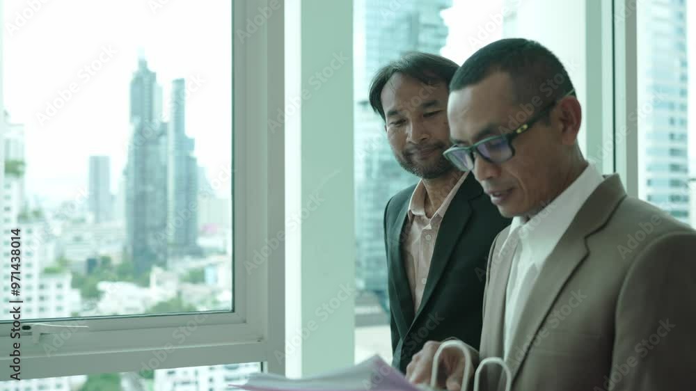 Two business professionals stand by a large window in an office, reviewing documents in a folder. The cityscape in the background reflects a corporate and urban environment. Two business professionals stand by a large window in an office, reviewing documents in a folder. The cityscape in the background reflects a corporate and urban environment.