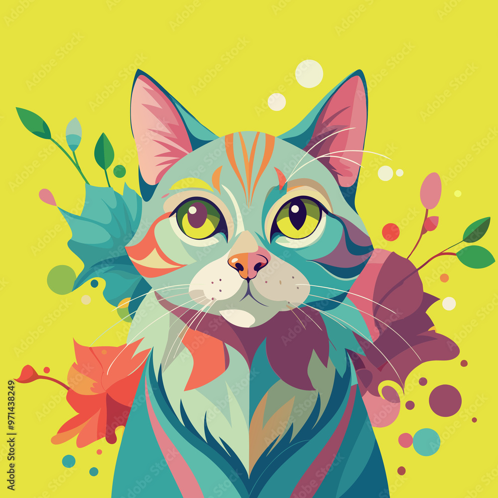 Colorful artistic print of a cat's face with vibrant leaves and flowers on yellow background Colorful artistic print of a cat's face with vibrant leaves and flowers on yellow background
