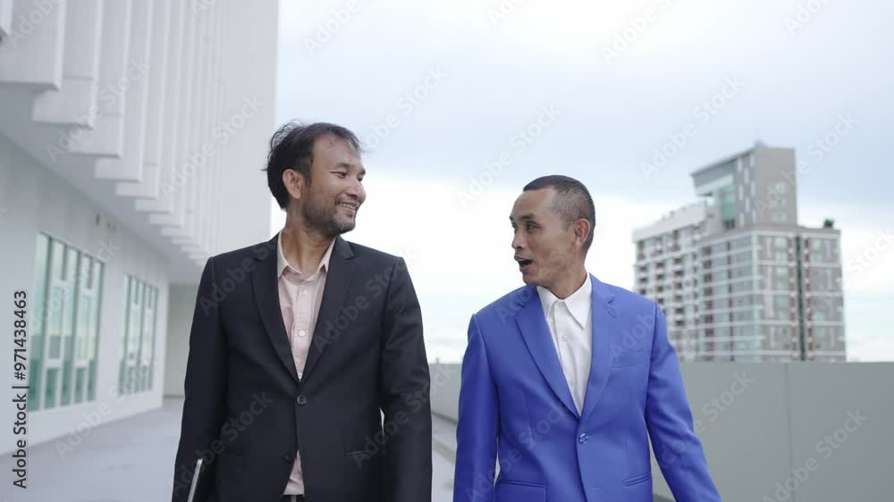 Two businessmen in formal suits walk together outside a modern building, carrying folders. The sleek architecture in the background suggests a professional or corporate setting. Two businessmen in formal suits walk together outside a modern building, carrying folders. The sleek architecture in the background suggests a professional or corporate setting.