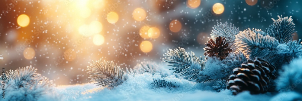 A winter forest scene captures a snow-covered pine tree, with glowing lights, surrounded by soft bokeh and snowfall, creating a luxury Christmas background.