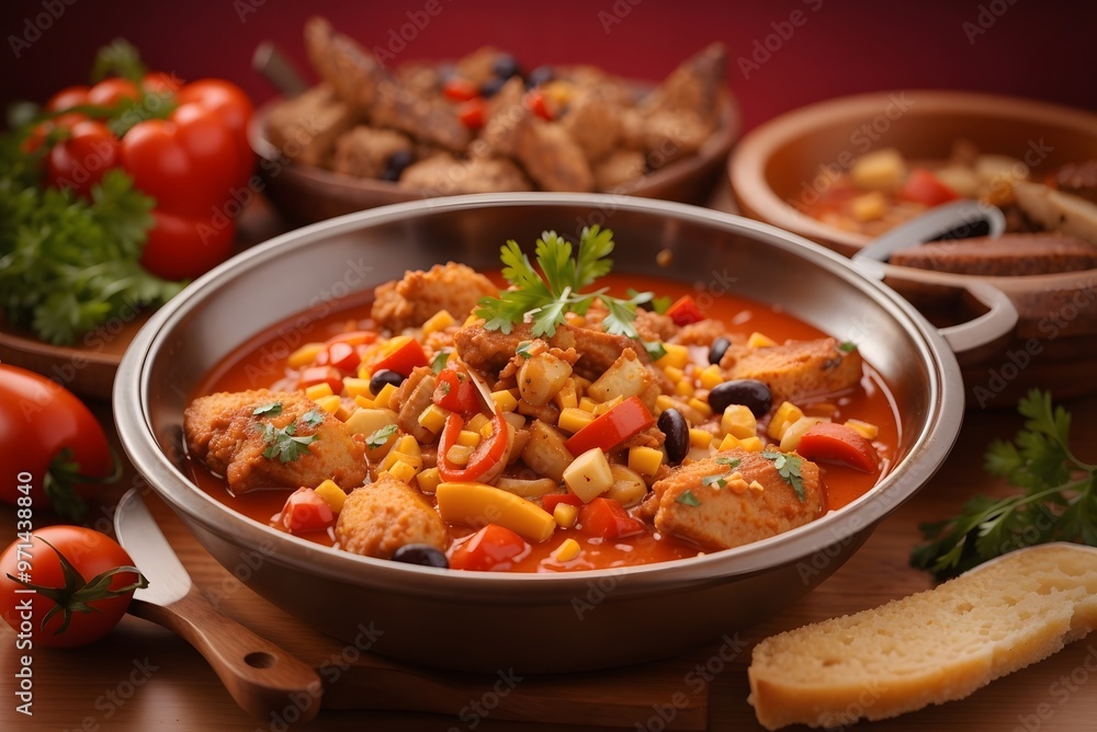 Closeup of big red saucepan with fresh hot ragout with meat, potatoes and vegetables isolated Closeup of big red saucepan with fresh hot ragout with meat, potatoes and vegetables isolated