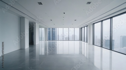 Empty Modern Office with City View and Reflective Floor