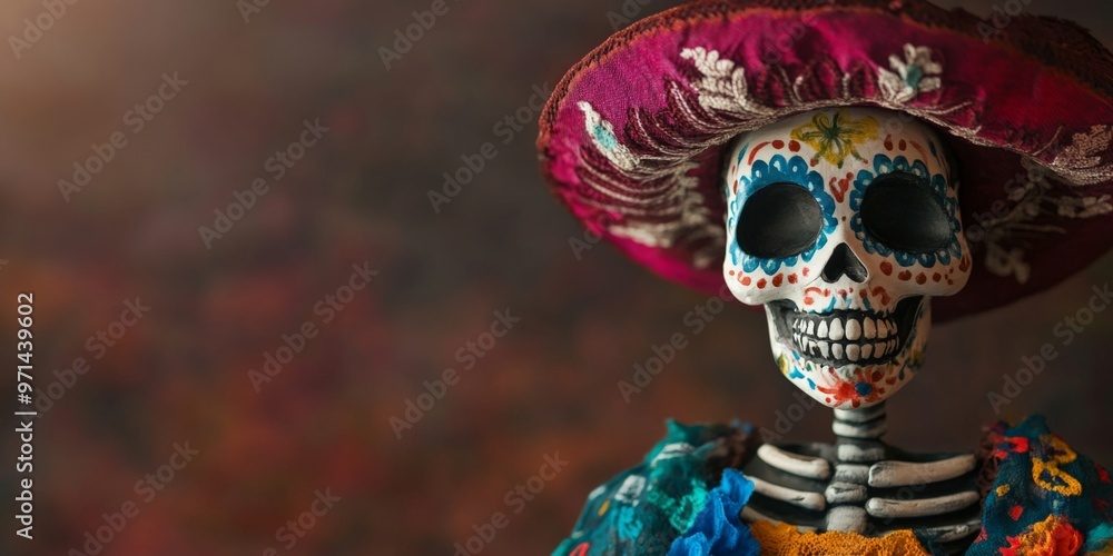 Fototapeta premium Catrina for Día de los Muertos, Day of the dead against dark background with copy space. Traditional, religious and mexican celebration.
