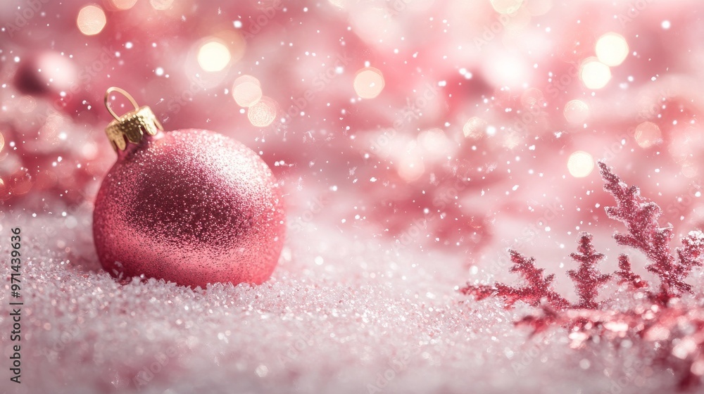 Close-up shot of pink holiday ornaments on a pine branch, set against a backdrop of twinkling bokeh lights and a cozy luxury ambiance.