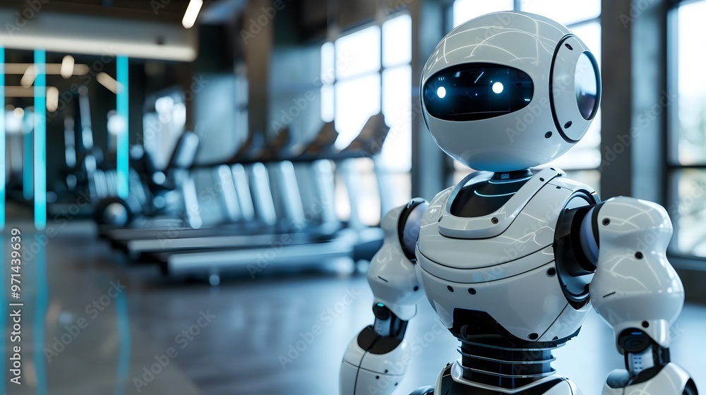 Personal Fitness Trainer Robot Guiding a Workout Session to Promote Health and Technology Personal Fitness Trainer Robot Guiding a Workout Session to Promote Health and Technology