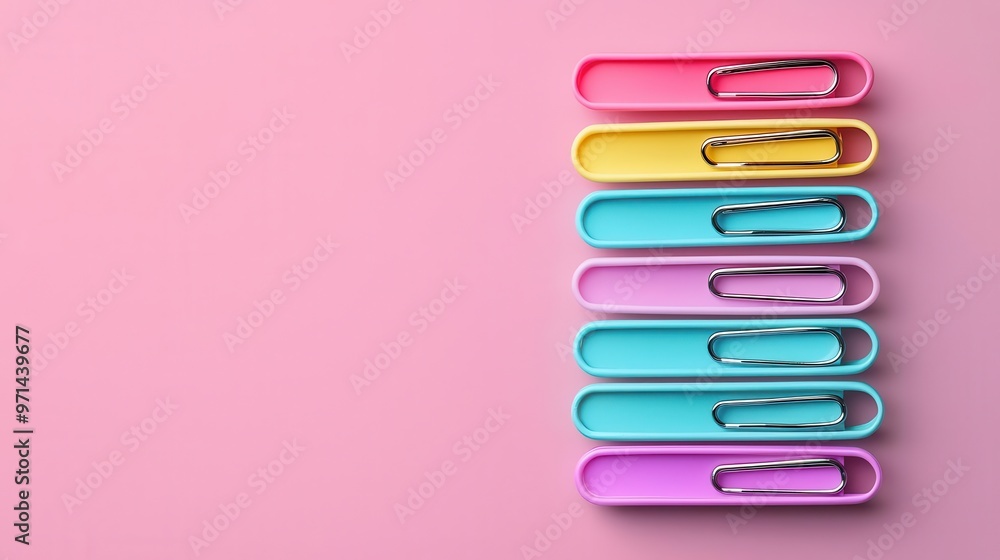 Smooth pastel-colored paper clips on a stack of blank paper sheets, stationery, pastel office Smooth pastel-colored paper clips on a stack of blank paper sheets, stationery, pastel office