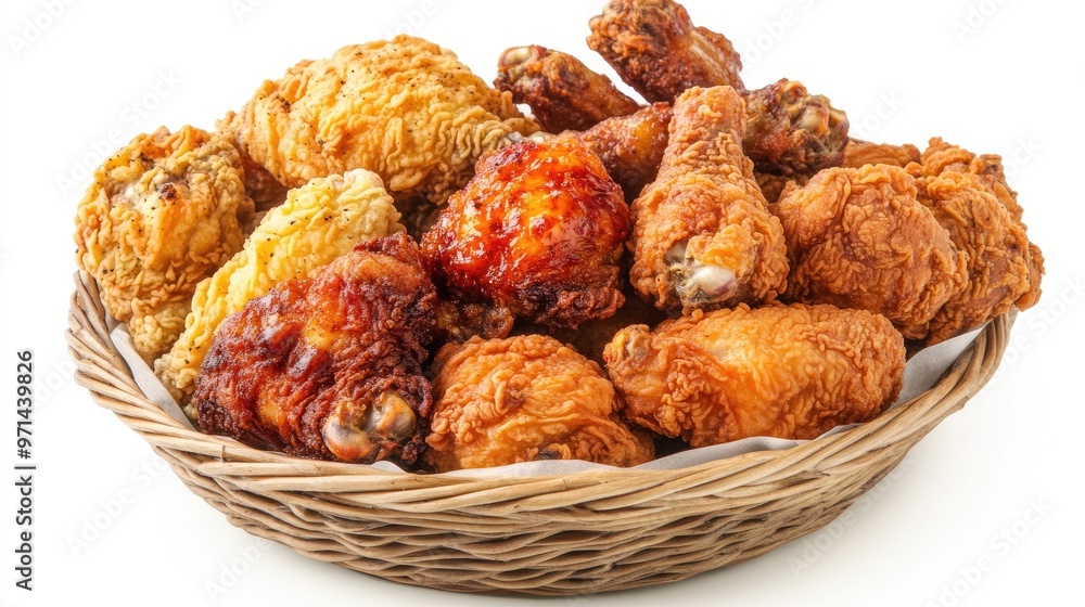 A high-resolution image of a basket of assorted fried chicken pieces, including wings and thighs, on a white background, showcasing the variety and golden-brown color. A high-resolution image of a basket of assorted fried chicken pieces, including wings and thighs, on a white background, showcasing the variety and golden-brown color.