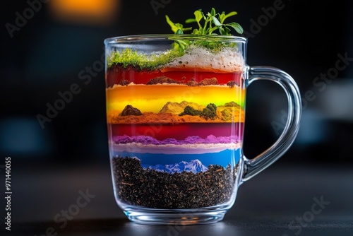 A cup of rainbow-colored tea, with layers representing different climates and biomes of the Earth