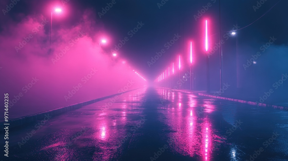 A long, empty road with neon pink streetlights, illuminated by a foggy, misty night. A long, empty road with neon pink streetlights, illuminated by a foggy, misty night.