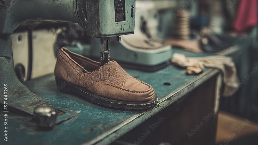 Fototapeta premium Handmade Leather Shoe on Sewing Machine