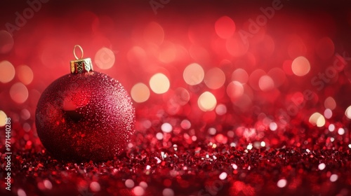Obraz na płótnie lose-up of red Christmas ornaments on a pine branch with glittery bokeh lights in a warm festive luxury background. w salonie
