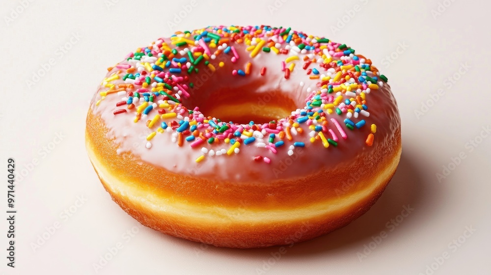 A high-resolution image of a classic donut with a shiny glaze and colorful sprinkles, set against a simple, clean background to emphasize its deliciousness. A high-resolution image of a classic donut with a shiny glaze and colorful sprinkles, set against a simple, clean background to emphasize its deliciousness.