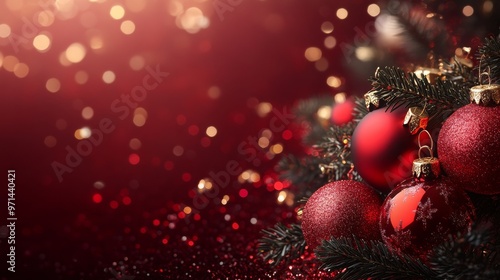 Obraz na płótnie Red Christmas ornaments dangle from a pine branch in a close-up shot, surrounded by glittering bokeh lights and a warm, luxurious holiday setting. w salonie