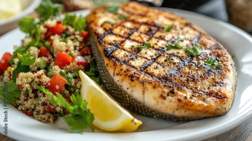 A high-resolution image of a deliciously grilled fish steak with crispy skin, served with a side of quinoa salad and a wedge of lemon on a white plate. A high-resolution image of a deliciously grilled fish steak with crispy skin, served with a side of quinoa salad and a wedge of lemon on a white plate.