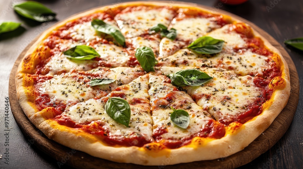 A high-resolution image of a classic Margherita pizza with a crispy crust, topped with fresh basil leaves and a generous amount of tomato sauce and cheese. A high-resolution image of a classic Margherita pizza with a crispy crust, topped with fresh basil leaves and a generous amount of tomato sauce and cheese.