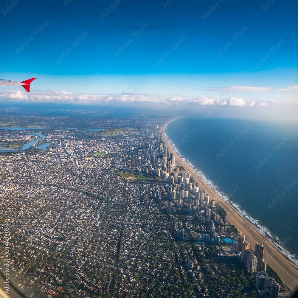 A photograph from the plane window of the cityscape A photograph from the plane window of the cityscape