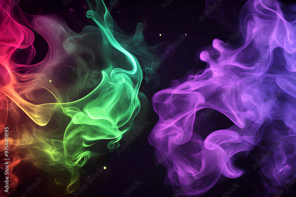 Colorful swirling smoke in vibrant hues of green, purple, and red against a dark background. Colorful swirling smoke in vibrant hues of green, purple, and red against a dark background.