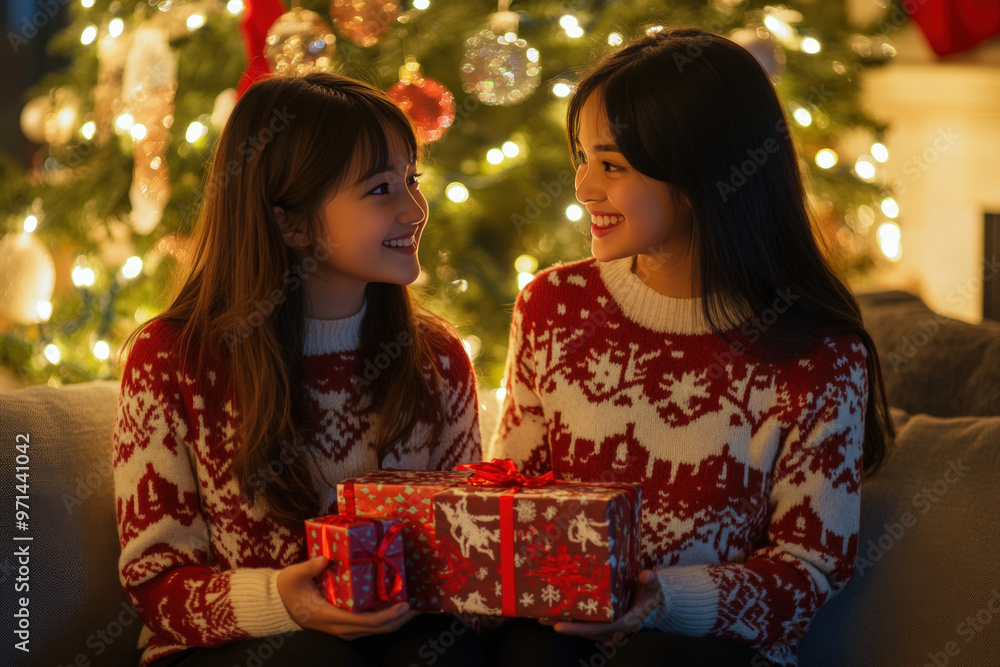 Two happy sisters exchanging gifts while sitting on a sofa by a christmas tree at home Two happy sisters exchanging gifts while sitting on a sofa by a christmas tree at home