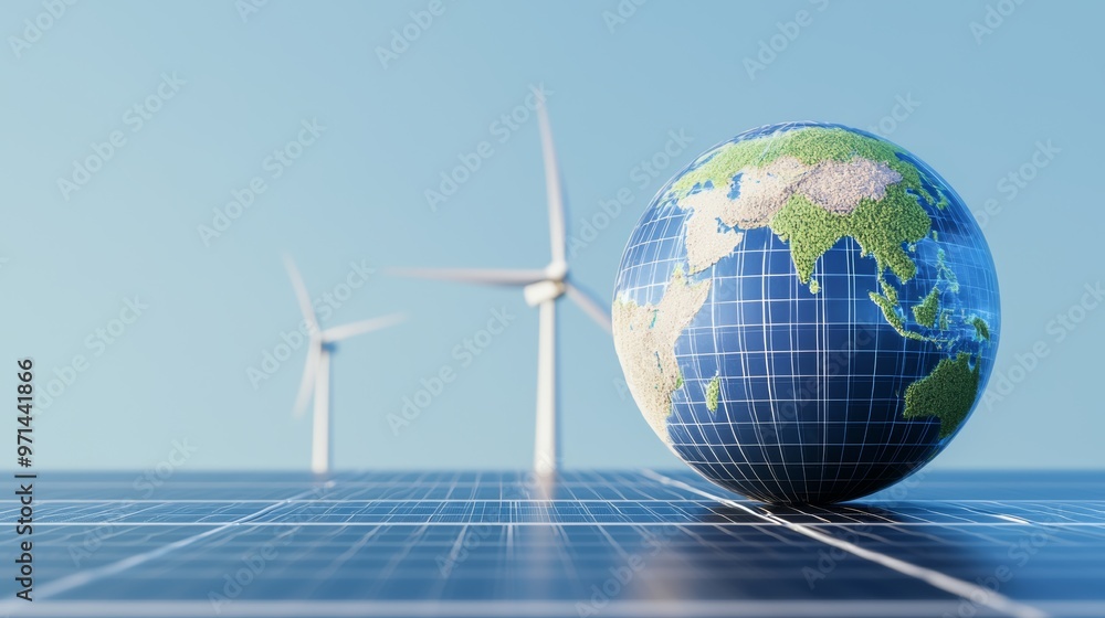 A digital globe with solar panels and wind turbines surrounding it, symbolizing worldwide adoption of clean energy A digital globe with solar panels and wind turbines surrounding it, symbolizing worldwide adoption of clean energy