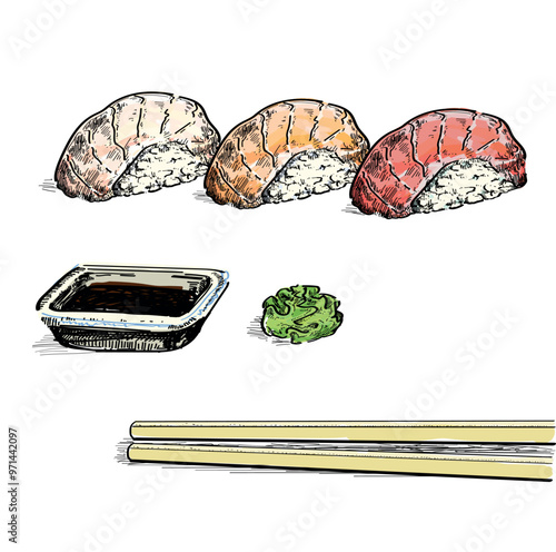 different types nigiri salmon, tuna, sepia, squid, sushi delicious with wasabi ginger and soy souce  food asian japanees restaurant dish draw linear illustration isolated on white background