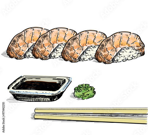 salmon nigiri sushi delicious with wasabi ginger and soy souce  food asian japanees restaurant dish draw linear illustration isolated on white background