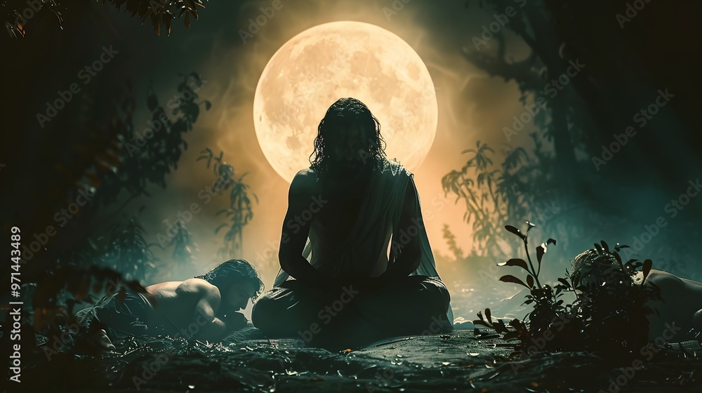 Jesus at the center of a moonlit garden, his figure glowing softly as he prays with deep intensity, the disciples sleeping soundly around him, the garden enveloped in a tranquil, ethereal light, Jesus at the center of a moonlit garden, his figure glowing softly as he prays with deep intensity, the disciples sleeping soundly around him, the garden enveloped in a tranquil, ethereal light,