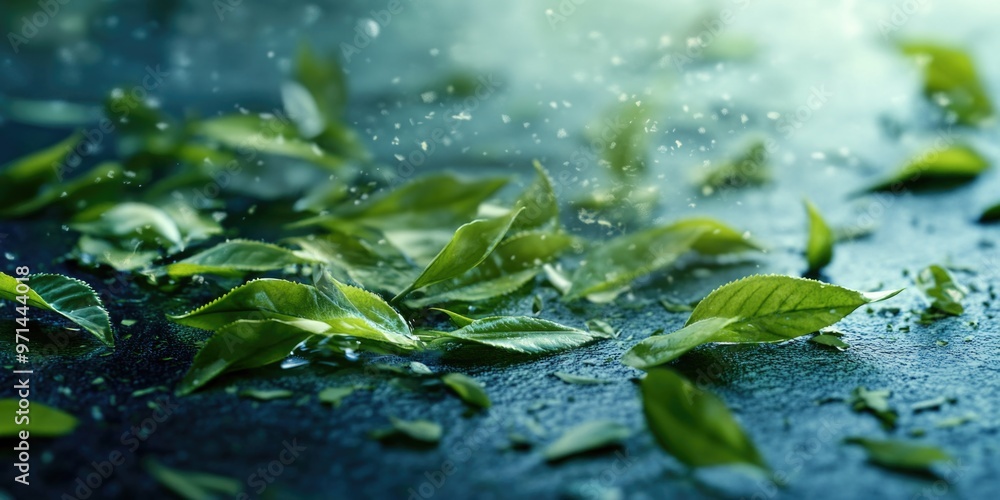 Green leaves on blue surface Green leaves on blue surface