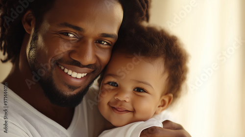 A stunning, highly detailed family portrait of an African American father, age 30, with his adorable baby, both smiling under soft, warm lighting, the photo framed in gentle, brigh