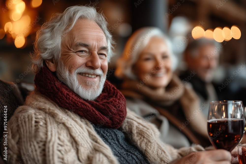 A joyful elderly couple sharing a warm moment together, sipping wine in a cozy setting A joyful elderly couple sharing a warm moment together, sipping wine in a cozy setting