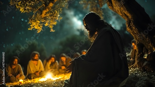 Jesus in deep prayer, his silhouette prominent against the dark night sky, with the disciples sleeping peacefully under the shadow of an olive tree, the garden calm and filled with soft shadows, photo