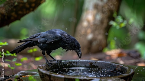 crow drinking water by pot near a tree 