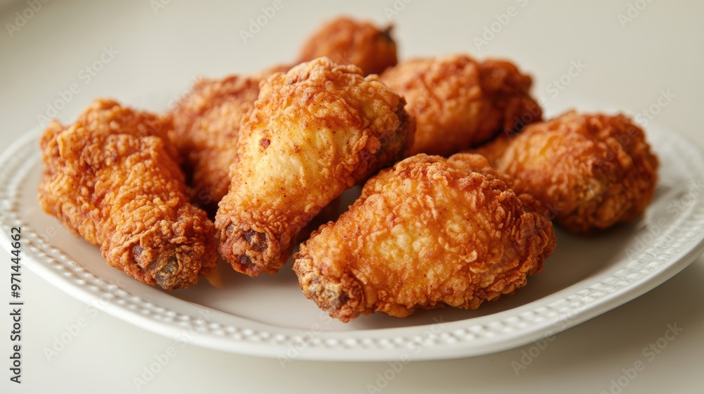 A high-resolution image of crispy, golden-brown fried chicken pieces arranged neatly on a white plate, with a focus on the crunchy texture and delicious appearance A high-resolution image of crispy, golden-brown fried chicken pieces arranged neatly on a white plate, with a focus on the crunchy texture and delicious appearance