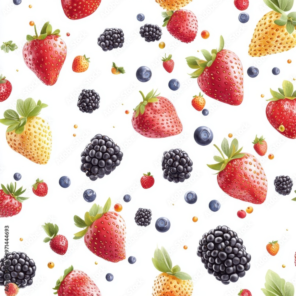 A pattern of colorful berries, strawberries, blueberries and blackberries with detailed textures scattered on a white background creating an attractive design for food packaging or kitchen decor