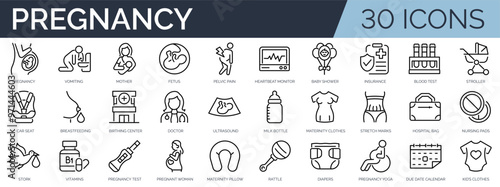 Set of 30 outline icons related to pregnancy. Linear icon collection. Editable stroke. Vector illustration
