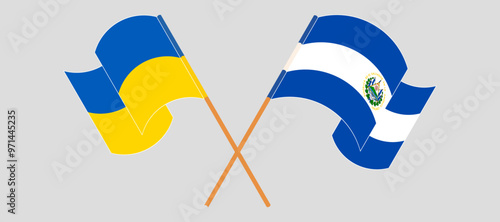 Crossed and waving flags of Ukraine and Republic of El Salvador. Vector illustration