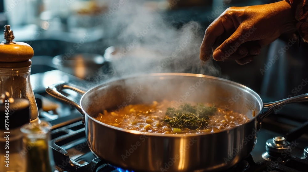 A home cook adding spices to a bubbling pot of soup on the stove, with a focus on the rich, aromatic flavors being developed in the kitchen. A home cook adding spices to a bubbling pot of soup on the stove, with a focus on the rich, aromatic flavors being developed in the kitchen.