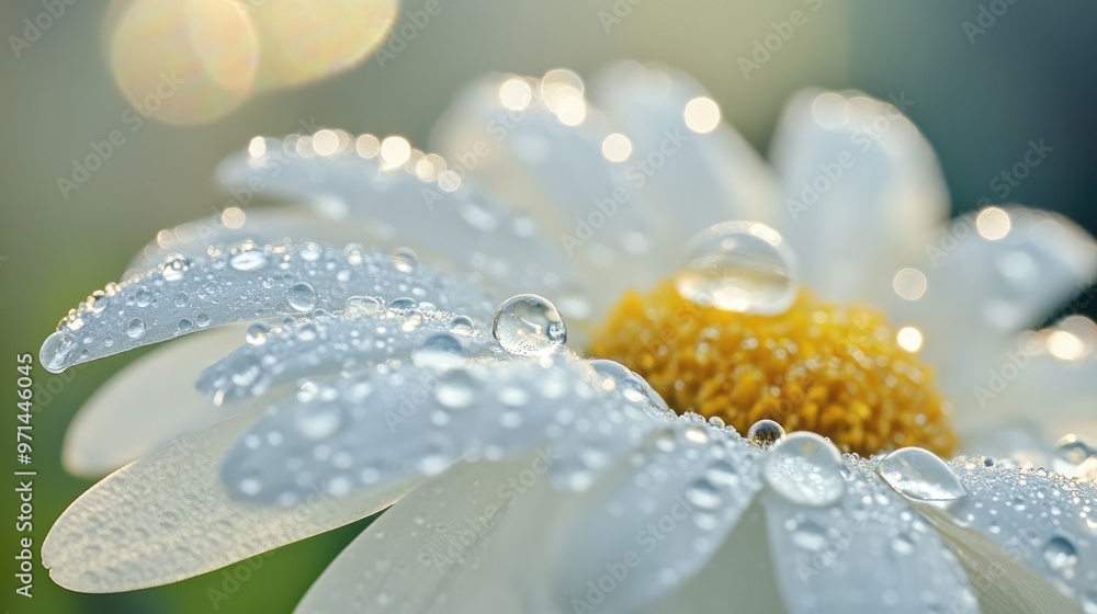 A macro shot of a daisy with dew drops on its white petals, capturing the intricate details of the water droplets reflecting sunlight. A macro shot of a daisy with dew drops on its white petals, capturing the intricate details of the water droplets reflecting sunlight.