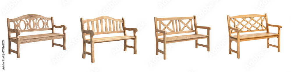 Collection of wooden benches showcasing various designs, perfect for outdoor or indoor settings. transparent background Collection of wooden benches showcasing various designs, perfect for outdoor or indoor settings. transparent background