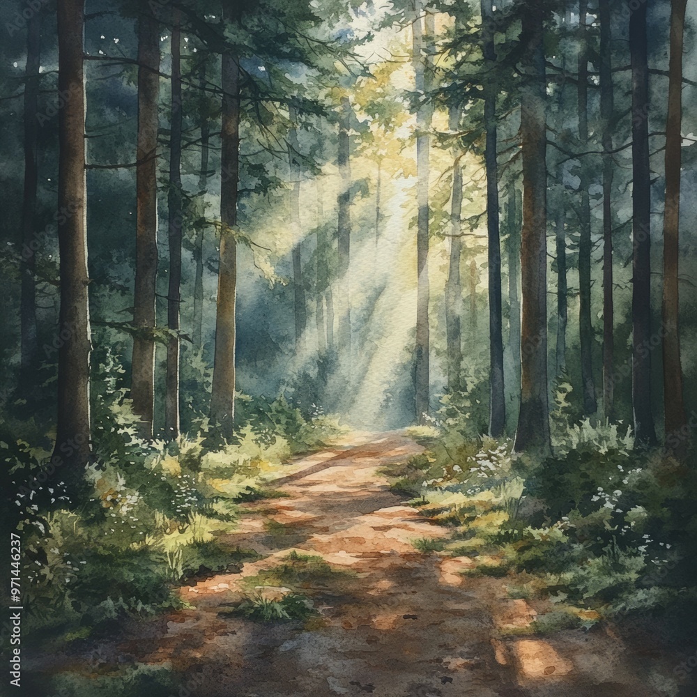 Fototapeta premium Sunbeams Through Forest Trees Watercolor Painting