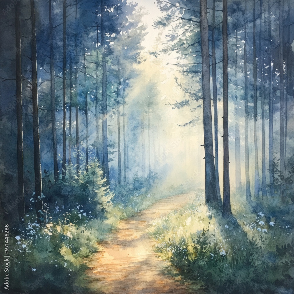 Obraz premium Watercolor Painting of a Path Through the Forest