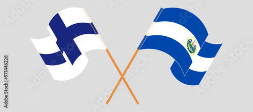 Crossed and waving flags of Finland and Republic of El Salvador. Vector illustration