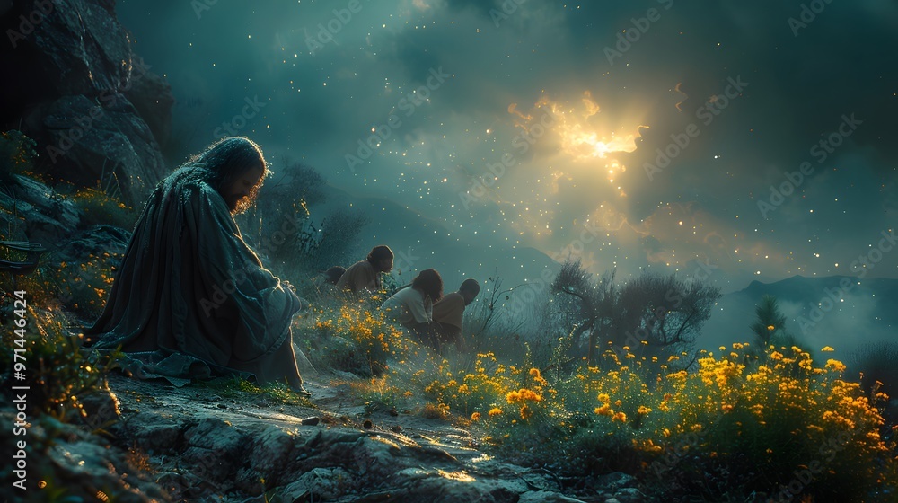 Obraz premium Jesus kneeling in prayer, illuminated by a single, narrow beam of moonlight, his hands tightly clasped, with the disciples resting peacefully in the background, the surrounding garden dark and still,