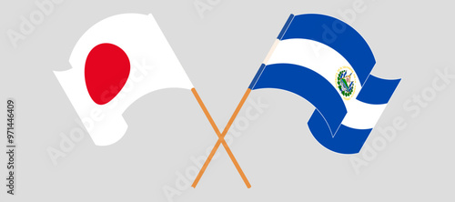 Crossed and waving flags of Japan and Republic of El Salvador. Vector illustration