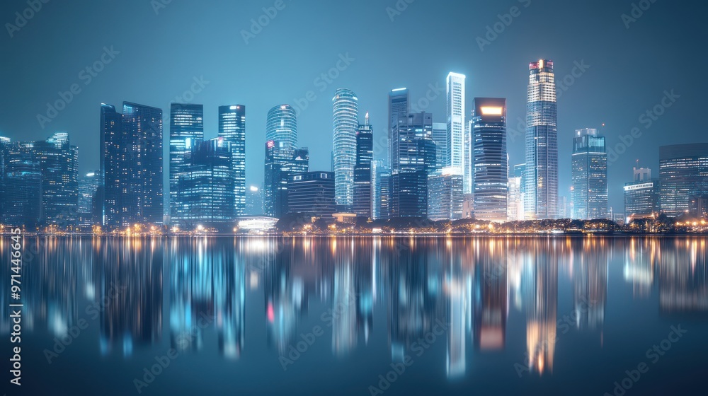 Digital Skyline: Illuminated Skyscrapers and Calm Reflections. Digital Skyline: Illuminated Skyscrapers and Calm Reflections.
