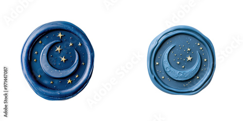 Elegant blue wax seal featuring a crescent moon and stars, perfect for adding a mystical touch to any project. transparent background