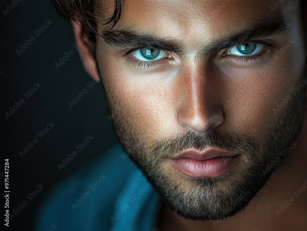 Close-up of a young man with striking blue eyes and sharp features Close-up of a young man with striking blue eyes and sharp features