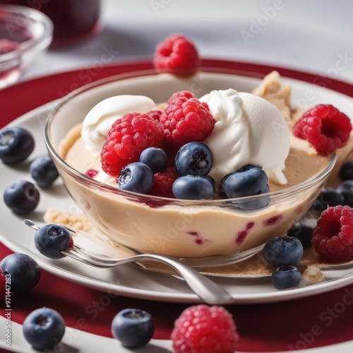 Bowl of mixed berry ice cream with whipped cream and fresh berries on a red placemat. 