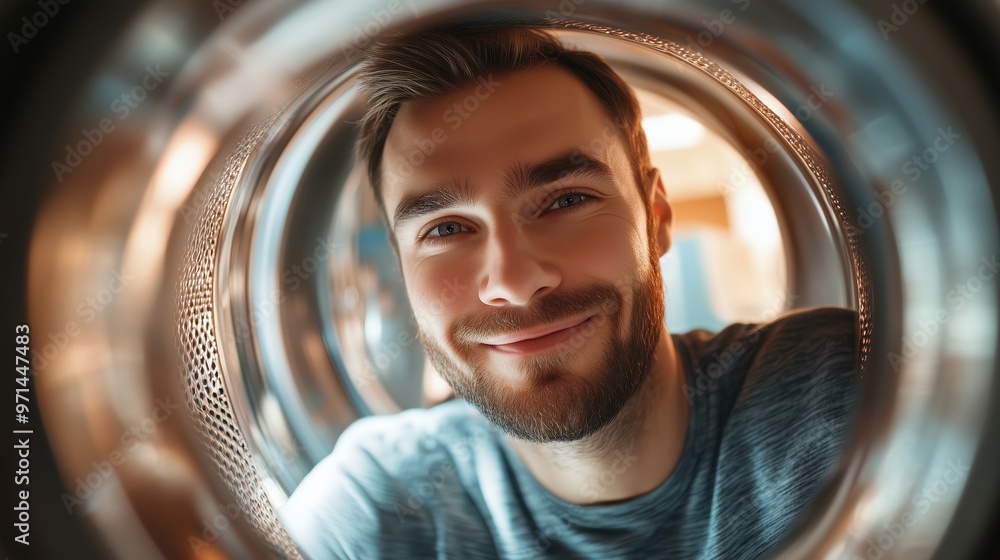 A man smiling from inside a laundry machine in a cozy laundry room during the afternoon with a playful attitude A man smiling from inside a laundry machine in a cozy laundry room during the afternoon with a playful attitude